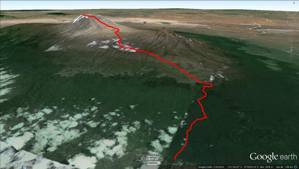 Kili Google Earth 3d - whole trail Mt. Kilimanjaro Uhuru Peak Marangu Route