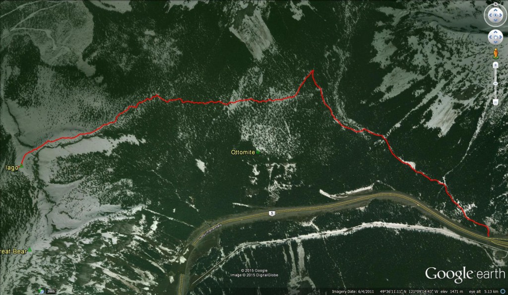 Google Earth Birdseye View of our Iago Peak Track